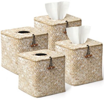 4 Pack Seagrass Tissue Box Cover Square Woven Tissue Box Holder Square Boho Decor Tissue Holder with Lid Farmhouse Tissue Box Cover for Toilet Bathroom Living Room Kitchen Bedroom Office Dorm
