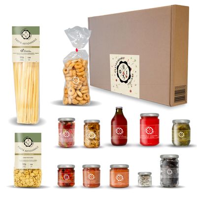 Gastronomie Italiane, Pack from the bottom, 13 Items, Italian gourmet products, craft products, glass jars, long shelf life, 4600 g, gift box