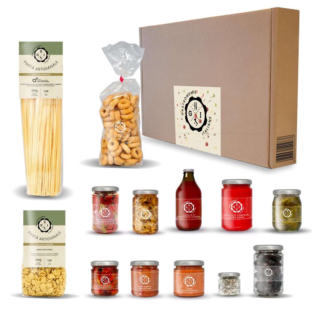 Gastronomie Italiane, Pack from the bottom, 13 Items, Italian gourmet products, craft products, glass jars, long shelf life, 4600 g, gift box