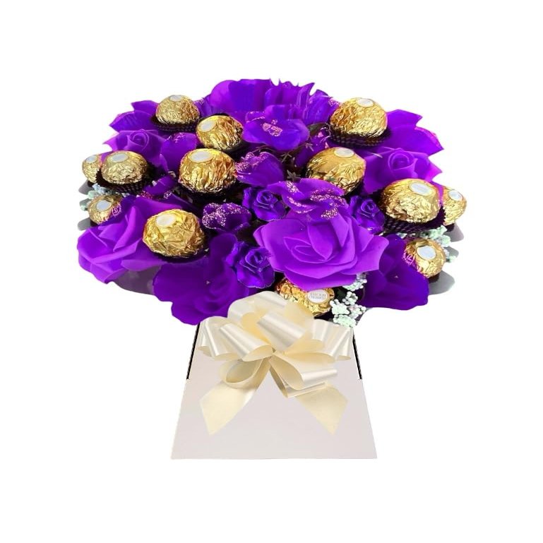 Chocolate and Flowers Hamper Bouquet Roses For Women Men With Ferero Rocheir and Lindr lind Sweets Personalised Pink Purple Gold Red Blue Sweets Candy Presents (Small)