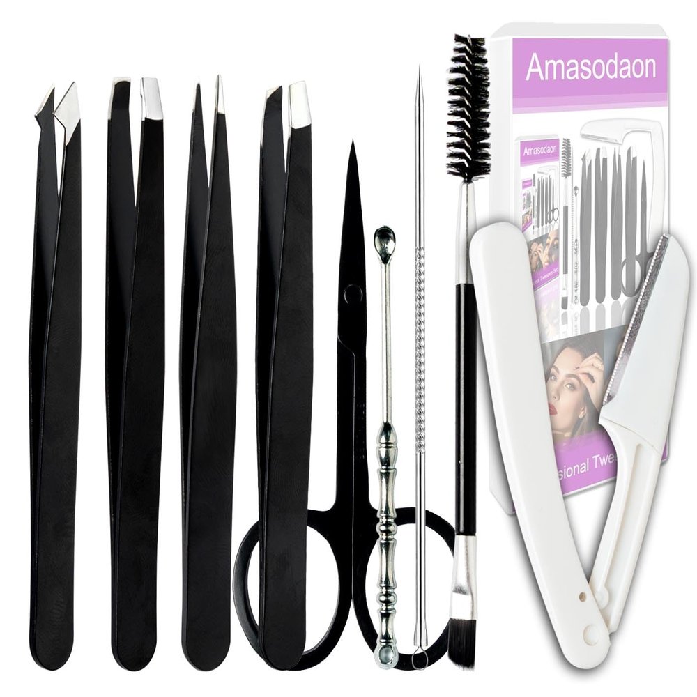 [9+1 PCS] Professional Stainless Steel Tweezers Set High-Precision Beauty Tools for Eyebrows, Facial Hair, Splinter & Ingrown Hair Removal
