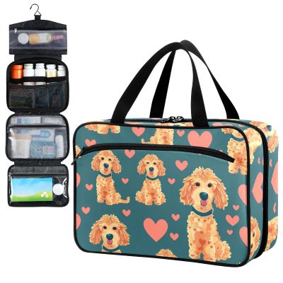 Fustylead Lovely Hand Draw Poodle Dog and Hearts Doodle Pill Organizer Bag Large Medicine Travel Carrying Case with Zipper for Vitamin Supplements Fish Oil, Empty First Aid Kit for Hiking Camping