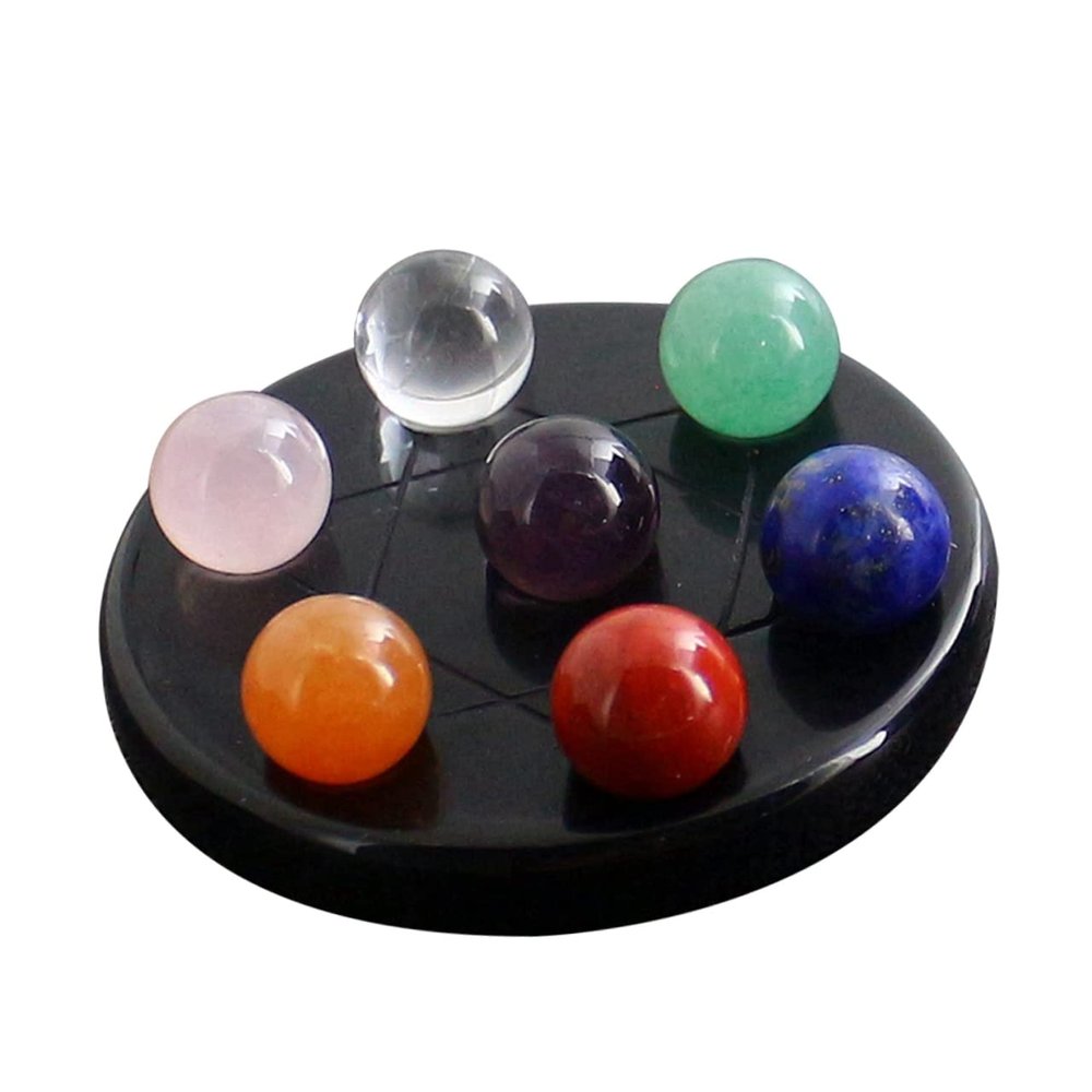 7 Chakra Gemstone Ball Sphere Set Black Crystal Stand