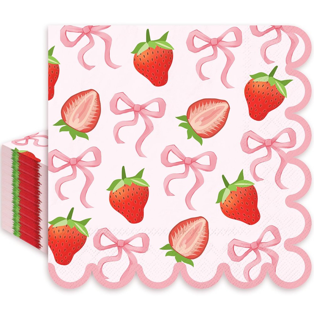 JarThenaAMCS 50Pcs Pink Bow Strawberry Napkins Summer Fruit Disposable Napkins Scalloped Edge Paper Luncheon Dinner Napkins for Party Table Supplies