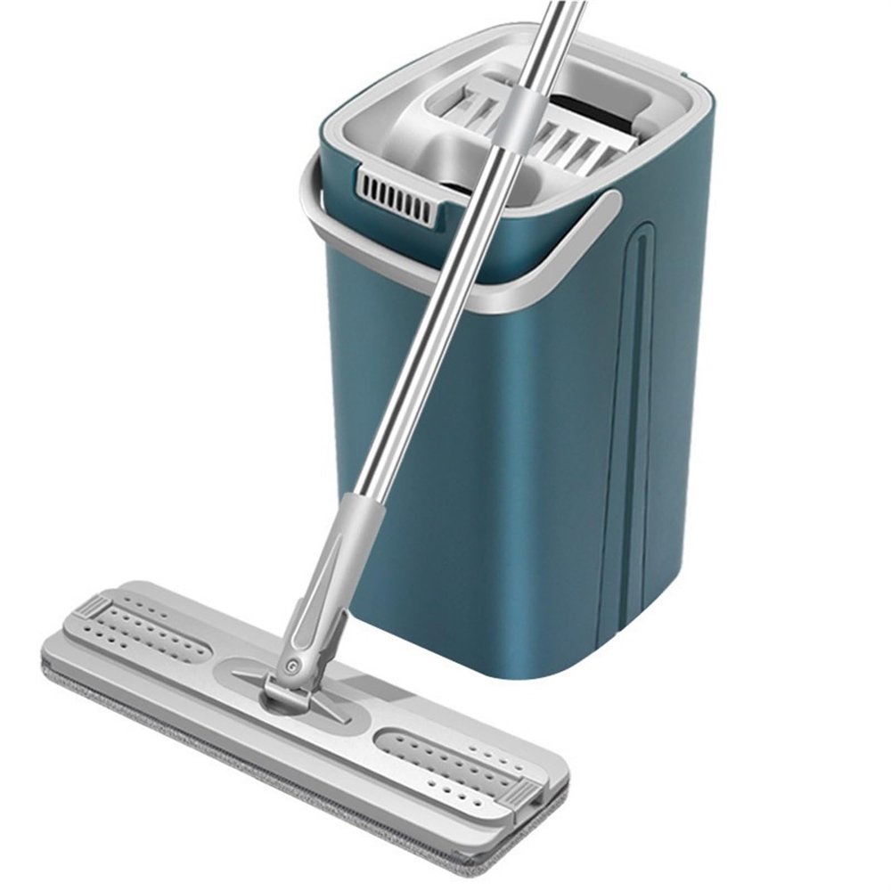 Household Wooden Floor Mop Set with Scraping and Dewatering Function Easy Cleaning Mop for Home No Hand Washing Needed Includes Mop Bucket Floor Cleaning Mop for All Floors (Blue)