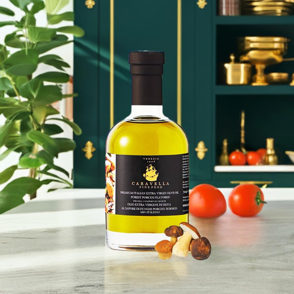 Caravella Fine Food Forest Porcini Extra Virgin Olive Oil 250 ml - Italian Cold-pressed Rich Earthy Mushroom taste - Gourmet Cooking&Drizzling - ideal for Pizza Risotto Steak Veggies - Elegant Gift