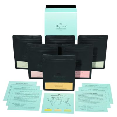 Hayman, Specialty Coffee Tasting Box, 6-Pack Gourmet Coffee Gift Set Selection, Premium Variety Sampler with Connoisseur Assortment, Whole Bean, Medium Roast, 6 Bags with 60g Each (360 Grams Total)