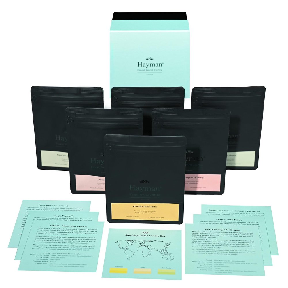 Hayman, Specialty Coffee Tasting Box, 6-Pack Gourmet Coffee Gift Set Selection, Premium Variety Sampler with Connoisseur Assortment, Whole Bean, Medium Roast, 6 Bags with 60g Each (360 Grams Total)