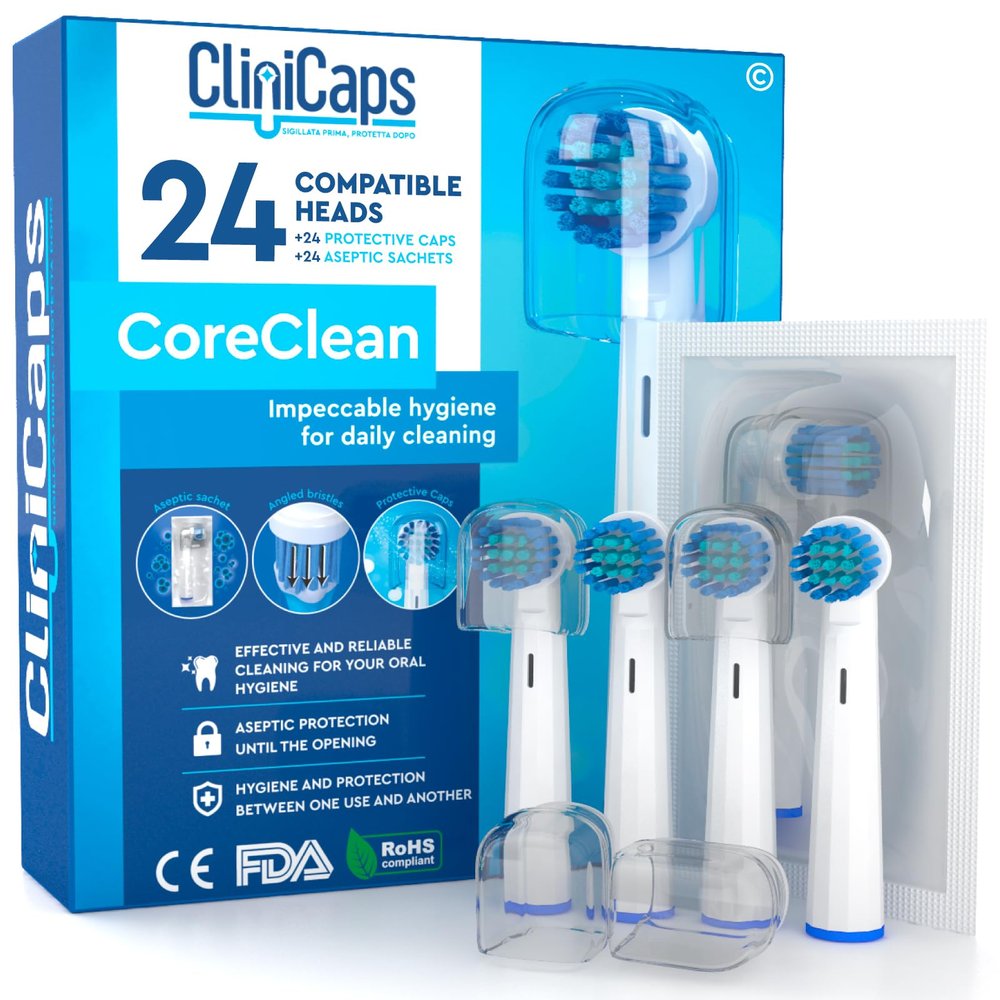 24 Electric Toothbrush Replacement Heads Compatible with Oral B Regular Bristles for Flawless Cleaning CliniCaps CoreClean Double Protection Aseptic Pouch and Protective Cap