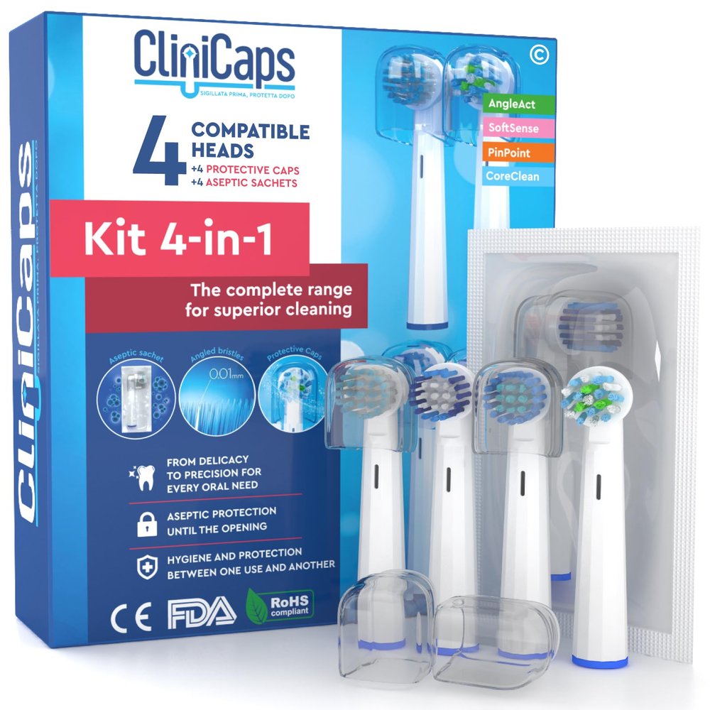 4 Electric Toothbrush Replacement Heads Compatible with Oral B CliniCaps Kit 1 AngleAct 1 CoreClean 1 Pinpoint 1 SoftSense Double Protection Aseptic Pouch and Protective Cap