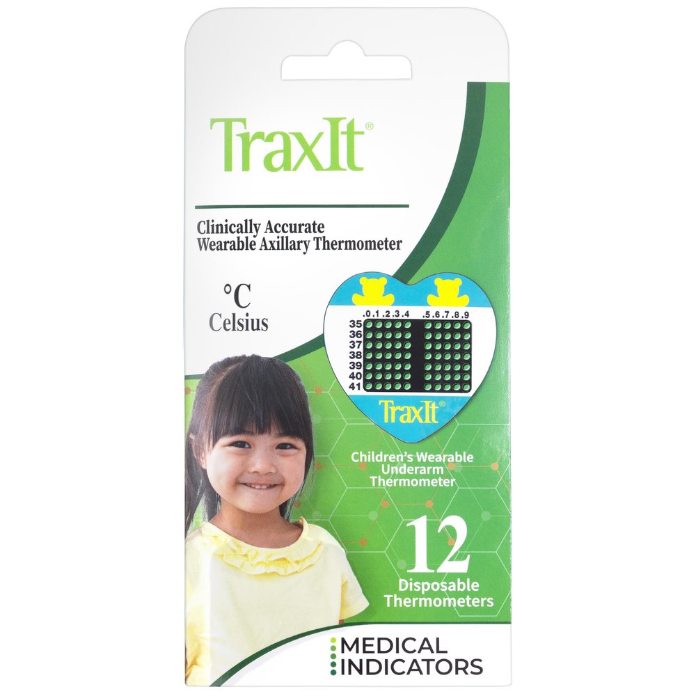 Traxit Wearable Axillary Thermometer for Kids, Single Use Pediatric Thermometer Patch for Babies, Toddlers, & Children, Designed for Up to 48 Hours of Wear, Home or First Aid Use, Celsius, 12 Pack