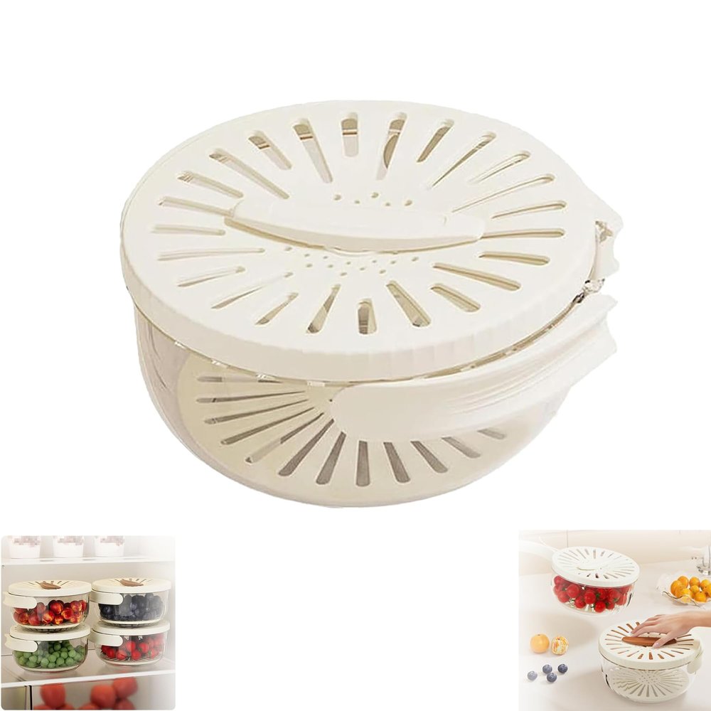 2025New Drainer Basket with Lid, 2-in-1 Multi-function Drainer Basket, Fruit and Vegetable Washing Bowl with Strainer, Berry Storage Container (1pcs White)