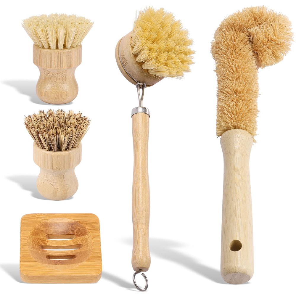 XYDHQS 5Pcs Bamboo Dish Brush Set, Sisal Fiber Bristles, Ergonomic Multifunctional Washing Brush Set for Kitchen Cleaning Pots Pans Dishes