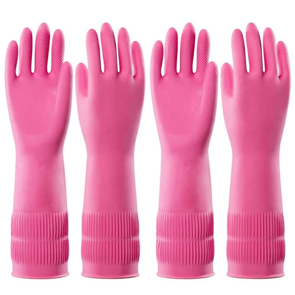Qerwsdty 2 Pairs Dishwashing Cleaning Rubber Gloves, Reusable Waterproof Kitchen Gloves, Non-Slip, L Easy to Use Rose Red