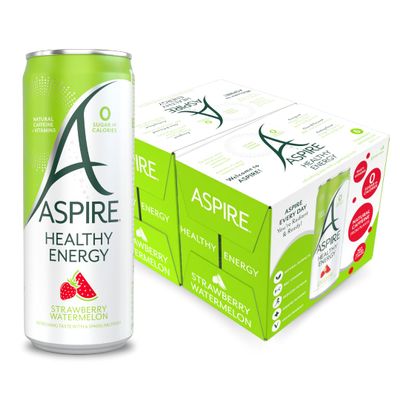 ASPIRE Healthy Energy Drink 12 x 330ml Cans Zero Calories & Zero Sugar Natural Plant Based Caffeine & Multivitamins- Vegan & Gluten Free (Strawberry Watermelon)