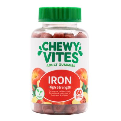Chewy Vites Adult High Strength Iron, 60 Vitamin Gummies, 14mg Ferrous Fumerate Iron Gummies with Vitamin C, 2 Months Supply, Real Fruit Juice, Vegan, Peach Flavour