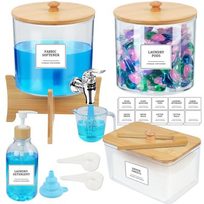 7L Laundry Detergent Storage Set, 10PCS Washing Pods Storage Container Fabric Softener Dispenser with Labels and Bamboo Lids&measuring Cup, Large Capacity Laundry Pods Storage Container with Stand