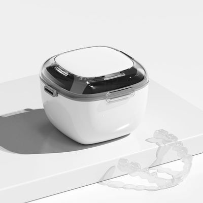 DIDATOOL Denture Case Transparent Design Denture Cup with Removable Rinse Basket, Denture Case for Cleaning, Soaking, and Storing Dentures, Mouthguards and Orthodontic Retainers (White)