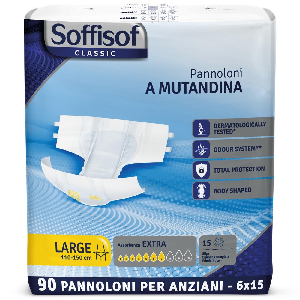 Soffisof Classic Adult Diapers Extra L - 90x Adult Nappies - 6 Packs of 15 Disposable Incontinence Briefs - Up to 7 Drops Absorbency - for Men and Women