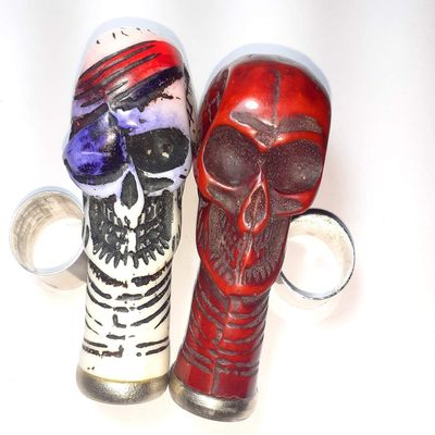 Decorative Skull Walking Cane Handle, Red and White Design, Brass Construction with Ring, Gothic Style