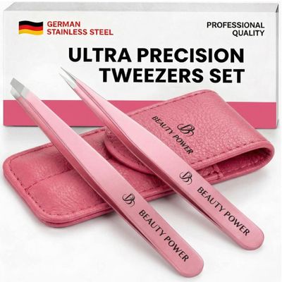 Beauty Power Professional Tweezers Set Slant & Point, Ultra Precision German Stainless Steel Tweezers for Eyebrows, Chin, Ingrown Hair & Facial Grooming Lightweight with Travel Case (Pink)