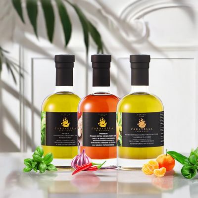 Caravella Fine Food 3x Tangerine, Chili & Garlic, Basil Flavored Extra Virgin Olive Oils 250 ml -Italian Cold-pressed Aromatic blend Gourmet Gift -for Cooking Drizzling Marinades Vinaigrettes