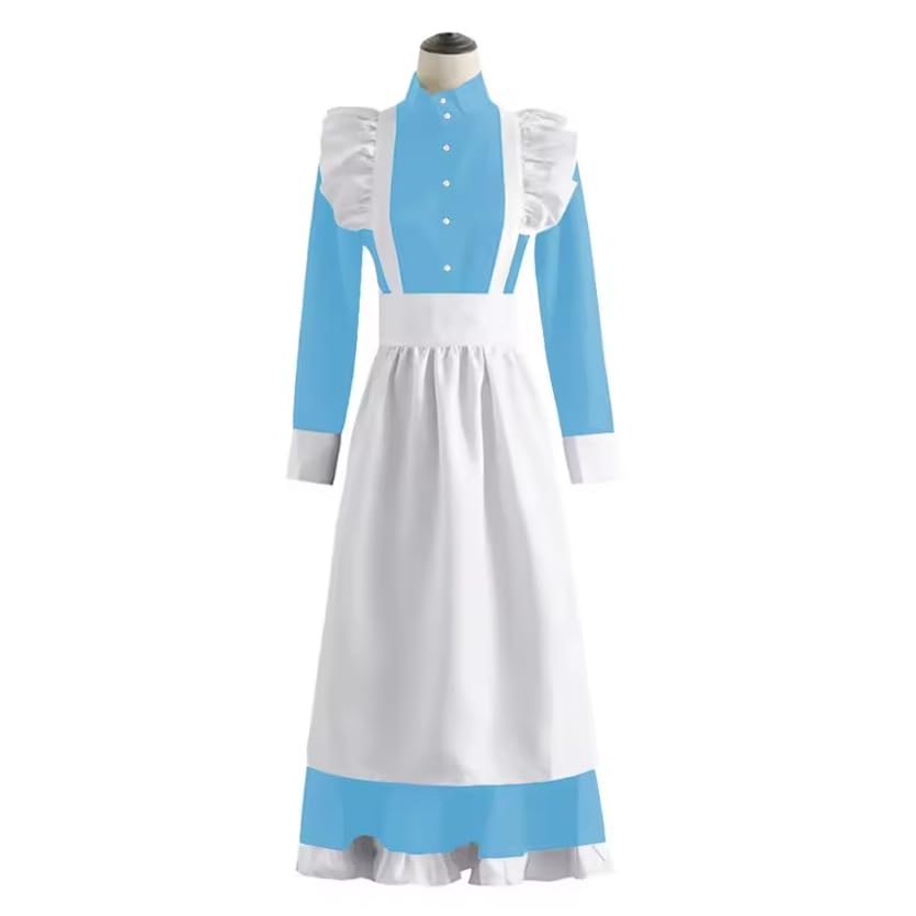 YGZHANYUANOKU Sissy Satin French Maid Dress With Ruffled Apron Unisex Adult High Neck Single-breasted Maid Uniforms Exotic Cosplay Costume Customizable,Lake Blue,6XL