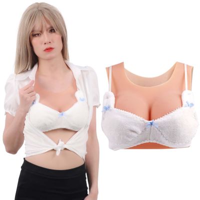 Funxzior Realistic Silicone Breast Forms Seamless Vest Breastplate Crossdressing Round False Chest Plates Transgender Fake Tits for Mastectomy Prosthesis F Cup L Size Boobs Cotton Filled, Beige
