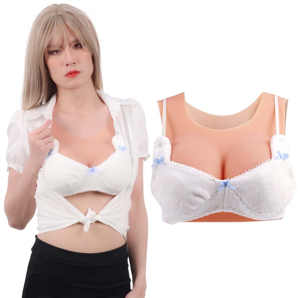 Funxzior Realistic Silicone Breast Forms Seamless Vest Breastplate Crossdressing Round False Chest Plates Transgender Fake Tits for Mastectomy Prosthesis F Cup L Size Boobs Cotton Filled, Beige