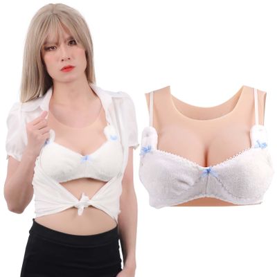 Funxzior Realistic Silicone Breast Forms Seamless Vest Breastplate Crossdressing Round False Chest Plates Transgender Fake Tits for Mastectomy Prosthesis C Cup M Size Boobs Cotton Filled, Ivory