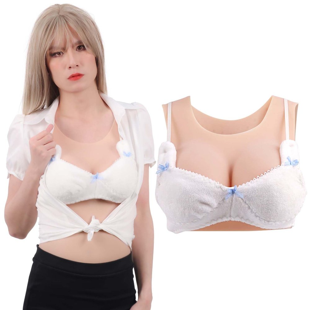 Funxzior Realistic Silicone Breast Forms Seamless Vest Breastplate Crossdressing Round False Chest Plates Transgender Fake Tits for Mastectomy Prosthesis C Cup M Size Boobs Cotton Filled, Ivory