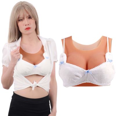 Funxzior Realistic Silicone Breast Forms Seamless Vest Breastplate Crossdressing Round False Chest Plates Transgender Fake Tits for Mastectomy Prosthesis E Cup L Size Boobs Cotton Filled, Bronze