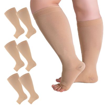 2/3/4/6 Pairs 2XL-7XL Plus Size Compression Socks 20-30 mmHg Wide Calf Open Toe Compression Support Stocking (3pcs-skin, 3XL)