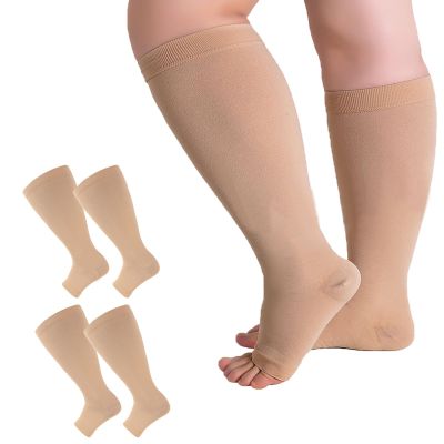 2/3/4/6 Pairs 2XL-7XL Plus Size Compression Socks 20-30 mmHg Wide Calf Open Toe Compression Support Stocking (2pcs-skin, 4XL)
