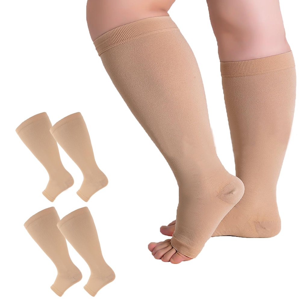 2/3/4/6 Pairs 2XL-7XL Plus Size Compression Socks 20-30 mmHg Wide Calf Open Toe Compression Support Stocking (2pcs-skin, 4XL)