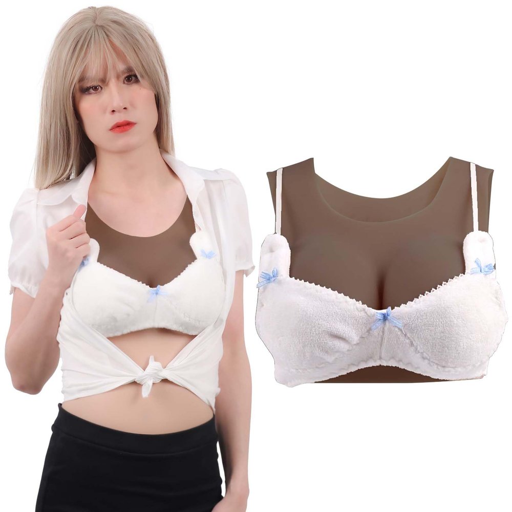Funxzior Realistic Silicone Breast Forms Seamless Vest Breastplate Crossdressing Round False Chest Plates Transgender Fake Tits for Mastectomy Prosthesis E Cup M Size Boobs Gel Filled, Light Black