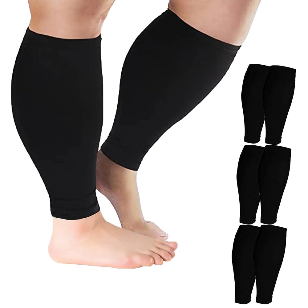 Cheeroyal 2XL-7XL Plus Size Calf Compression Sleeve for Men & Women Knee High Leg Sleeves for Varicose Veins Circulation, Edema (3pcs-Black, 3XL)