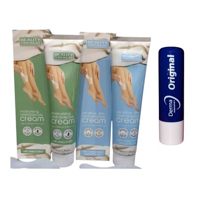 Beauty Formula Hair Removal Cream Moisturising Shea Butter+Sensitive Skin Vegan 100ml,1 OF EACH With Free Orignial Lip Balm