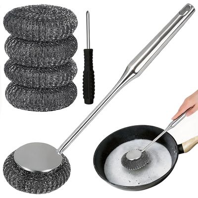 PXIRQ Stainless Steel Scrubber with 13.78" Metal Handle - Includes 4 Replacement Wire Pads, Ideal for Home Kitchen & Outdoor Camping Cooking - Cleaning Dishes, Cast Iron, Grills, Stoves Effortlessly