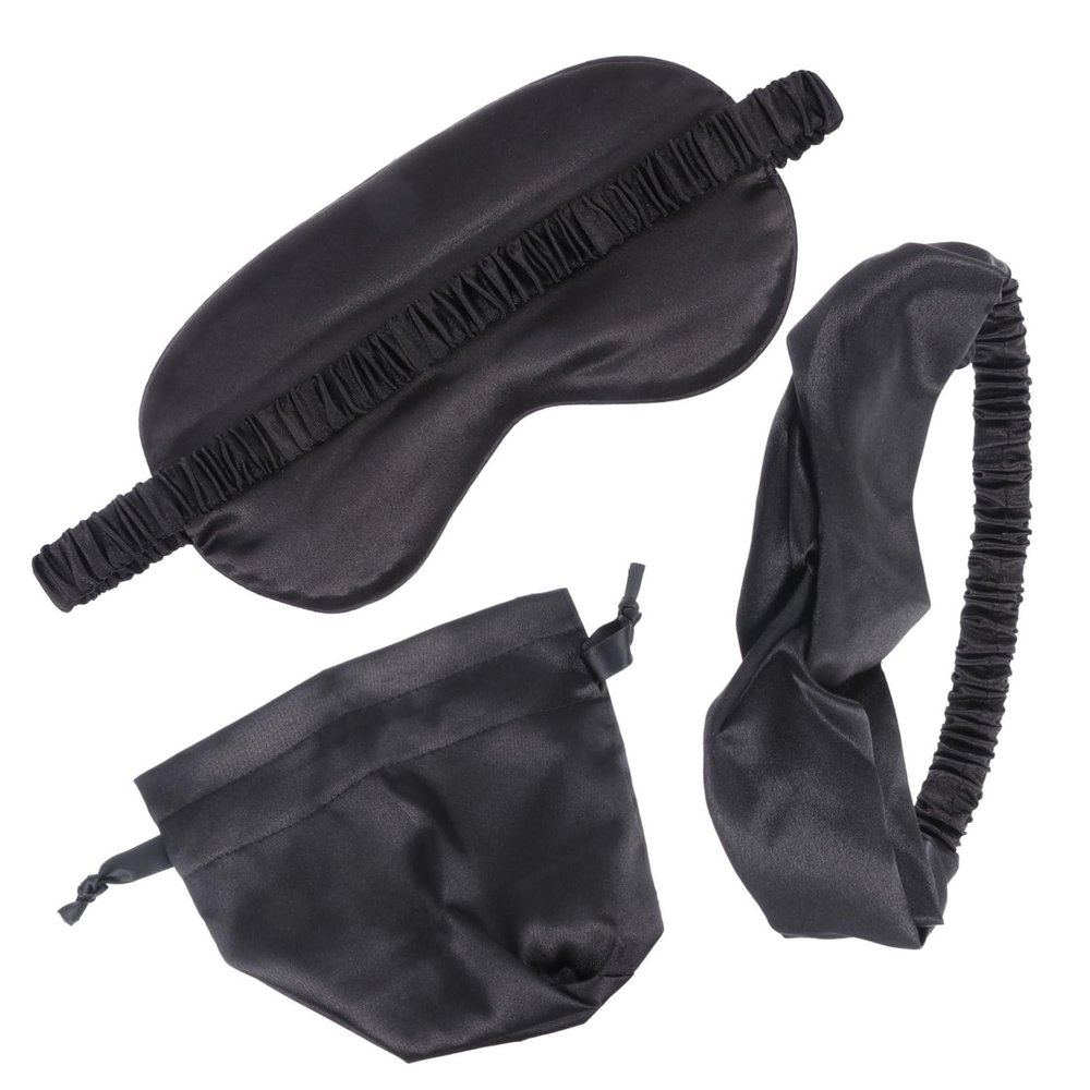 SKISUNO Travel Blindfold Set 3pcs Silk Sleeping Eye Mask with Headband and Storage Bag, Calming Facial Skin and Relieving Stress for Insomnia and Dry Eyes