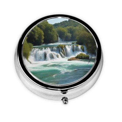 Pill Case with Mirror Retro 3 Compartment Pill Box Waterfalls on Krka River Small Pill Organizer for Purse or Pocket Decorative Metal Medicine Vitamin Organizer Unique Gifts