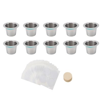 10PCS Refillable Coffee Capsules Cup Stainless Steel Reusable Coffee Pods with Aluminum Foil Lids Filter Paper