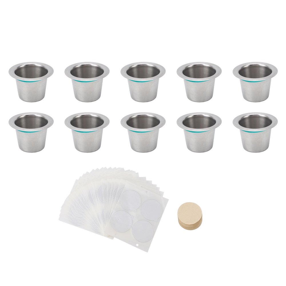 10PCS Refillable Coffee Capsules Cup Stainless Steel Reusable Coffee Pods with Aluminum Foil Lids Filter Paper