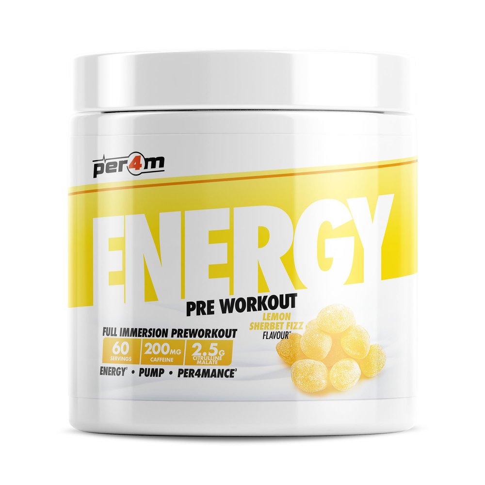 Per4m Energy Pre Workout with Amino Acids | Caffeine, Tyrosine, Citrulline & Theobromine | Endurance, Focus & Sustained Power | 60 Servings (390g, Lemon Sherbet Fizz)