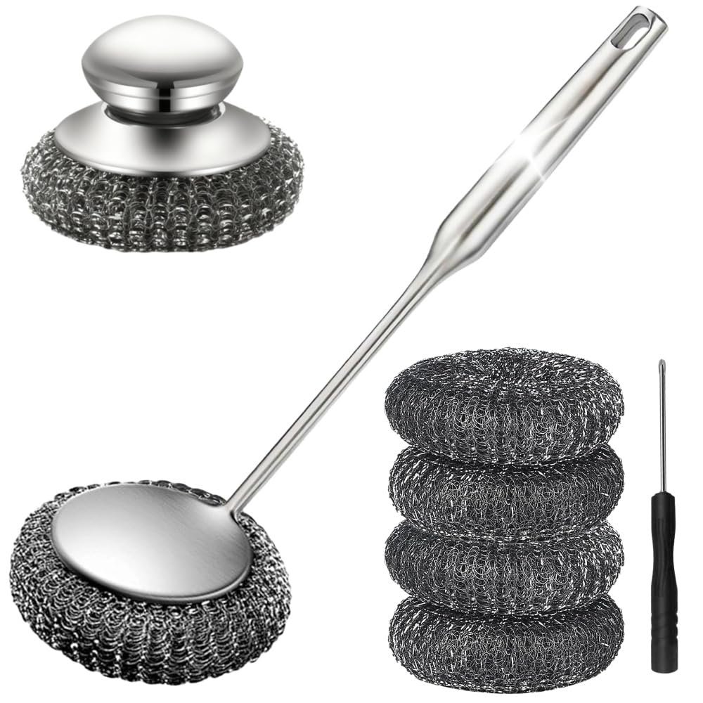 Steel Wool Scrubber with Handle: 7Pcs Stainless Steel Scrubber Contain1 Long Handle and 1 Short Handle, 4 Interchangeable Heads,1 Screwdriver,for Kitchen Cleaning, Cast Iron,Pans,Grills,Sinks