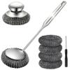 Steel Wool Scrubber with Handle: 7Pcs Stainless Steel Scrubber Contain1 Long Handle and 1 Short Handle, 4 Interchangeable Heads,1 Screwdriver,for Kitchen Cleaning, Cast Iron,Pans,Grills,Sinks view 1