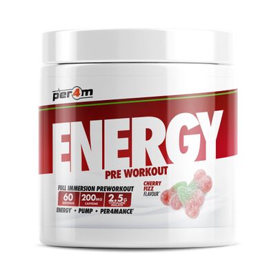 Per4m Energy Pre Workout with Amino Acids | Caffeine, Tyrosine, Citrulline & Theobromine | Endurance, Focus & Sustained Power | 60 Servings (390g, Cherry Fizz)