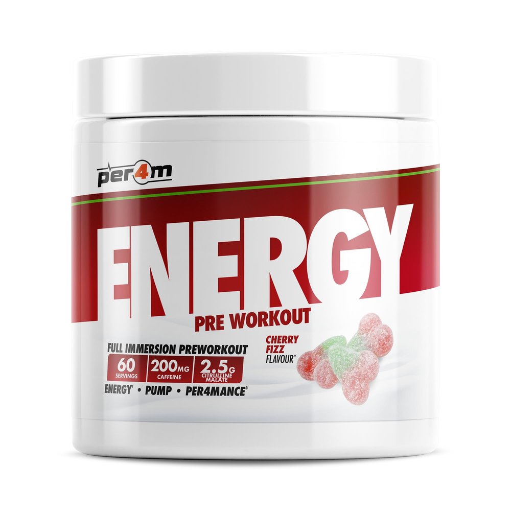 Per4m Energy Pre Workout with Amino Acids | Caffeine, Tyrosine, Citrulline & Theobromine | Endurance, Focus & Sustained Power | 60 Servings (390g, Cherry Fizz)