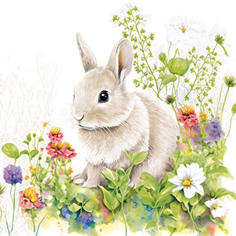 20 Napkins with Animal Motifs Rabbit in a Vivid Flower Field as Table Decoration Paper Napkins with Motif Also for Decoupage and Decoupage 33 x 33 cm