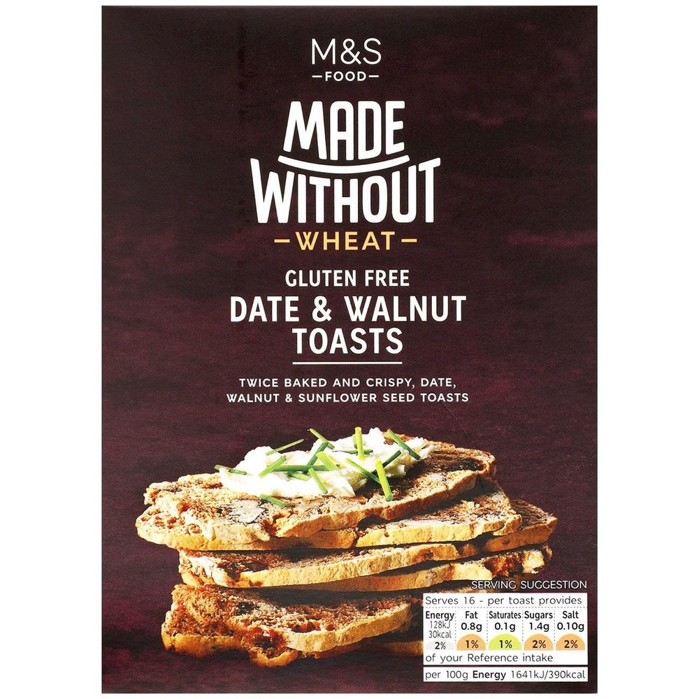 M&S Made Without Wheat Gluten Free Date & Walnut Toasts, Twice Baked Crispy, 125g-Pack of 2X